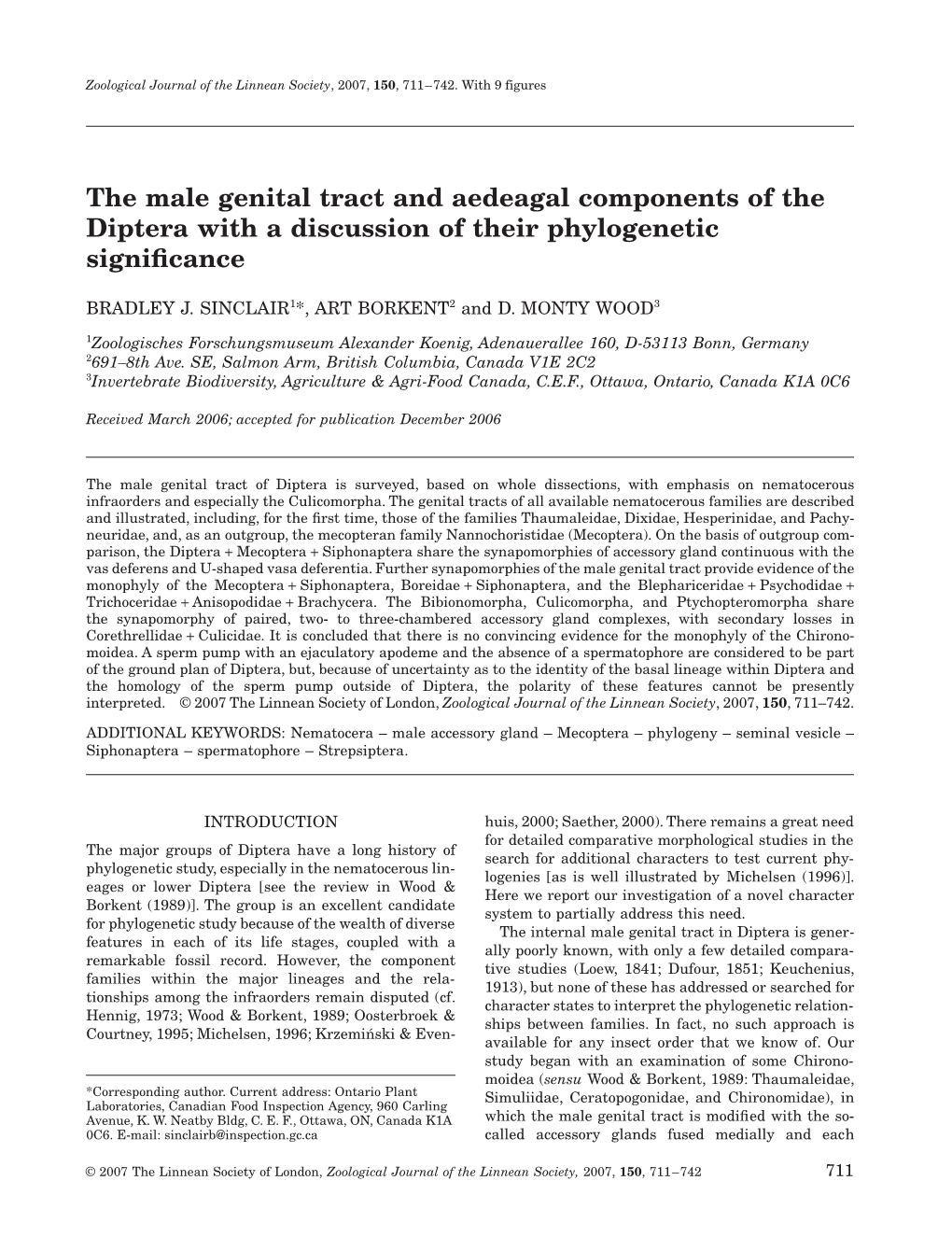 The Male Genital Tract and Aedeagal Components of the Diptera with a Discussion of Their Phylogenetic Signiﬁcance