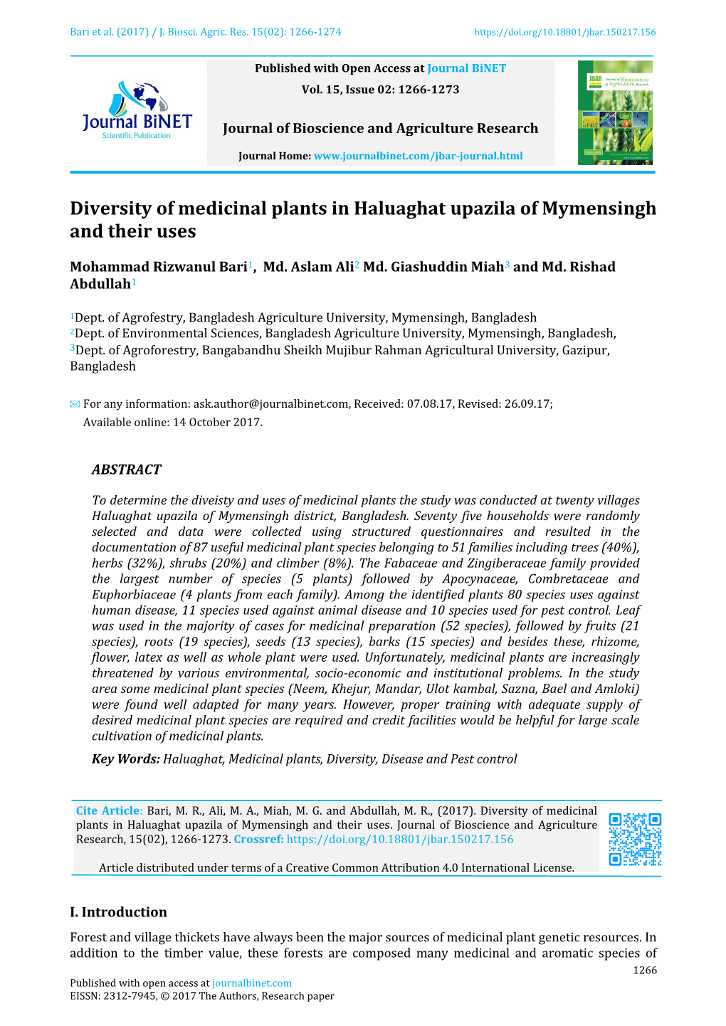 Diversity of Medicinal Plants in Haluaghat Upazila of Mymensingh and Their Uses