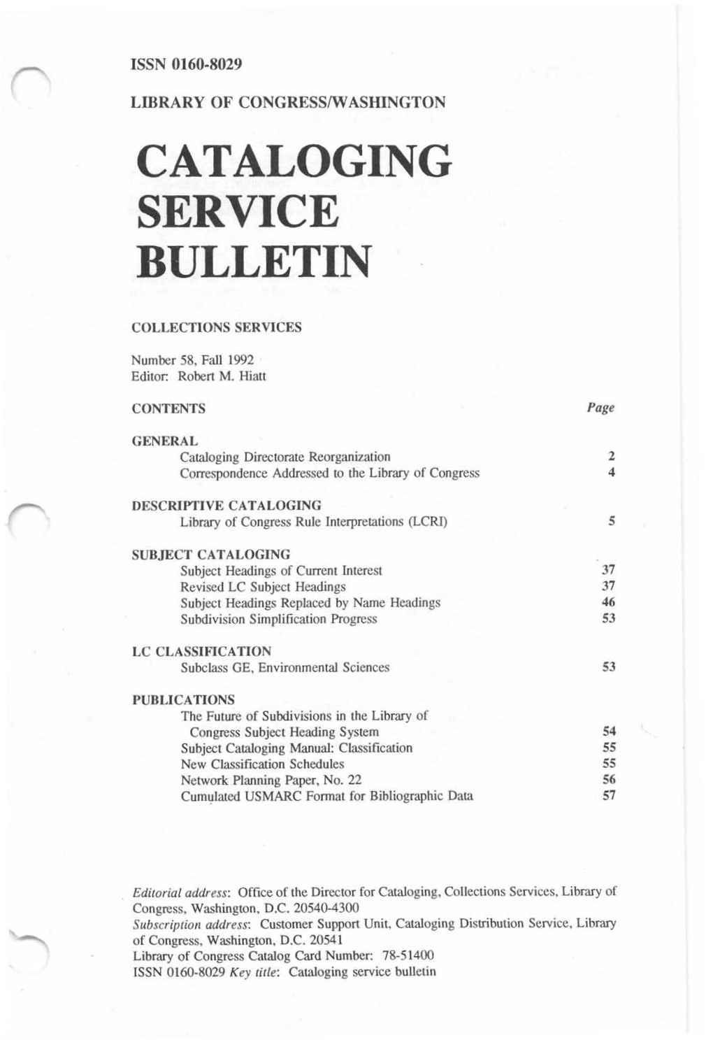 Cataloging Service Bulletin 058, Fall 1992
