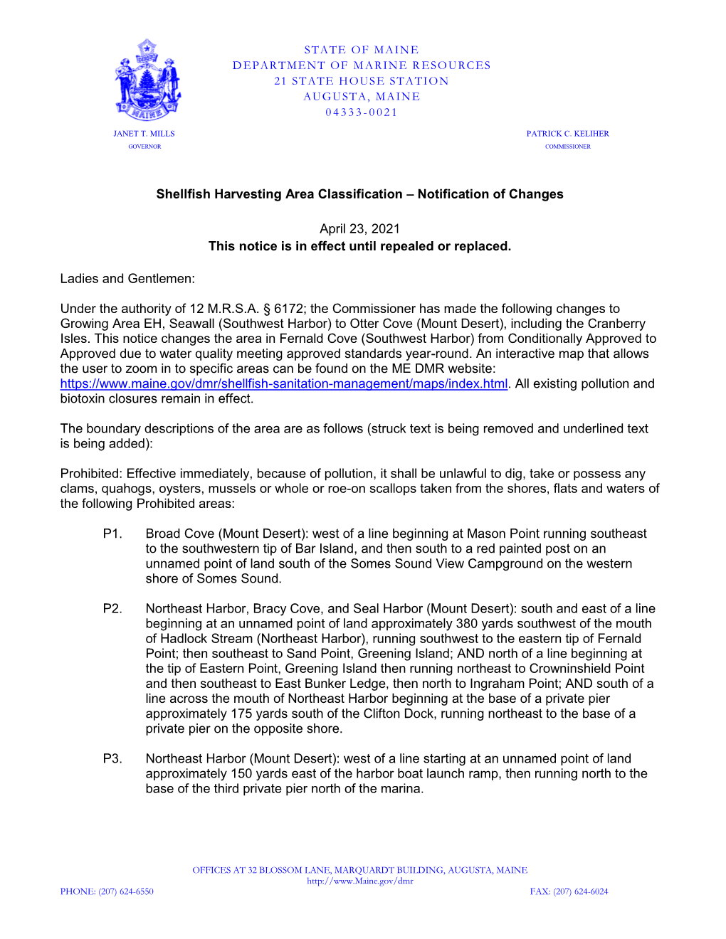 Shellfish Harvesting Area Classification – Notification of Changes