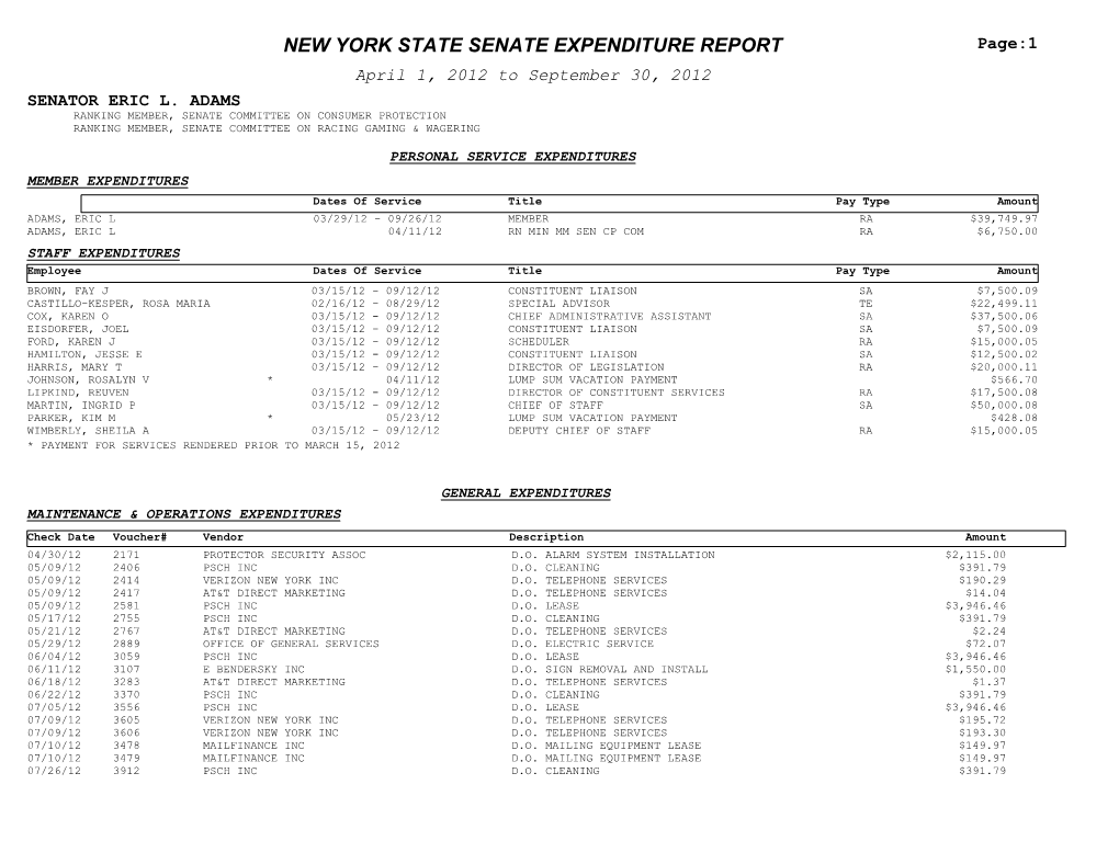 EXPENDITURE REPORT Page:1 April 1, 2012 to September 30, 2012 SENATOR ERIC L