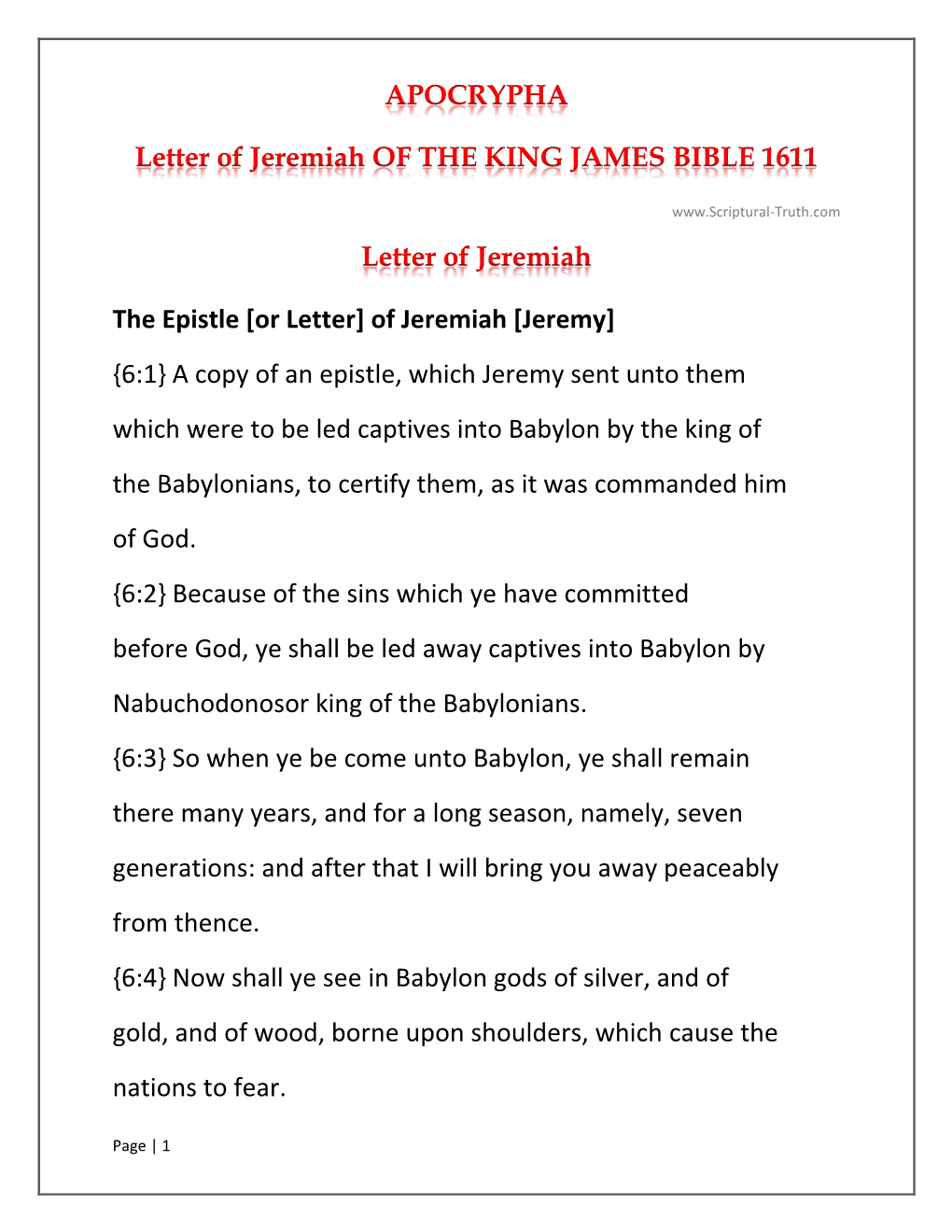 APOCRYPHA Letter of Jeremiah of the KING JAMES BIBLE 1611