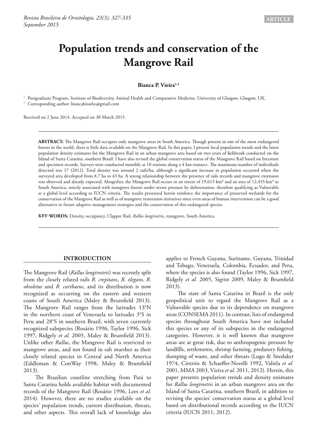 Population Trends and Conservation of the Mangrove Rail