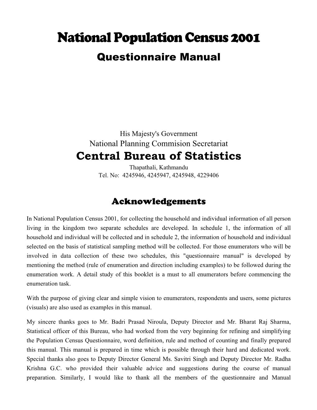 National Population Census 2001 Questionnaire Manual