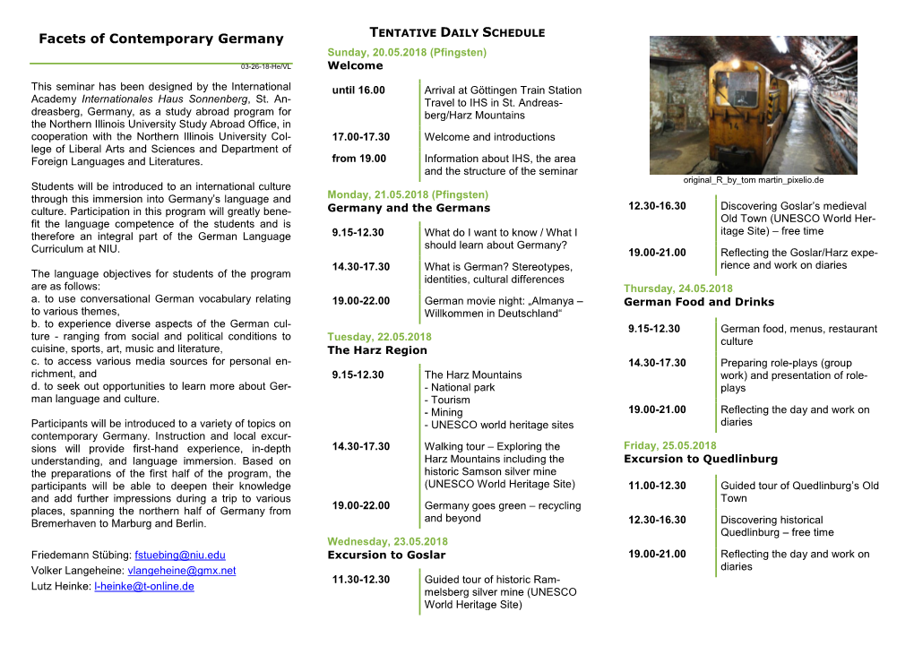 Facets of Contemporary Germany TENTATIVE DAILY SCHEDULE Sunday, 20.05.2018 (Pfingsten) 03-26-18-He/VL Welcome