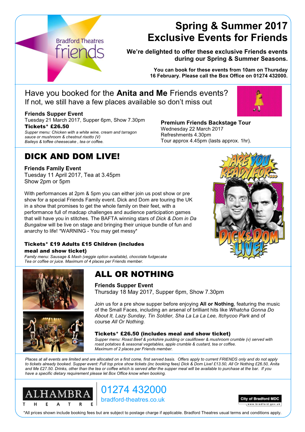 Friends Events for Dick & Dom and All Or Nothing