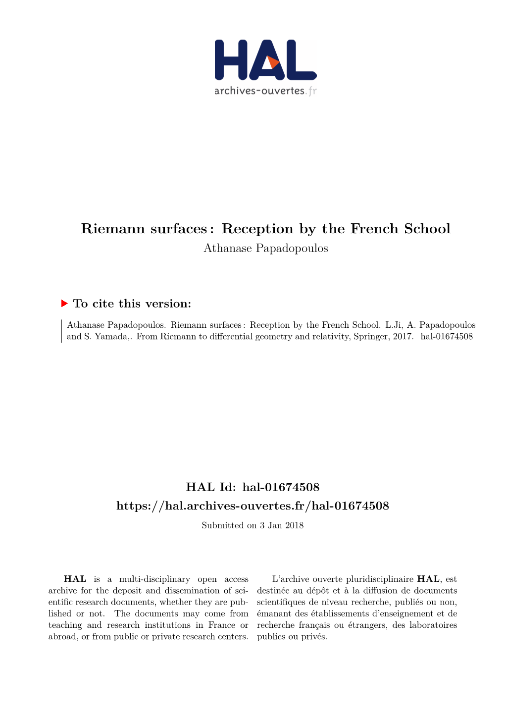 Riemann Surfaces : Reception by the French School Athanase Papadopoulos