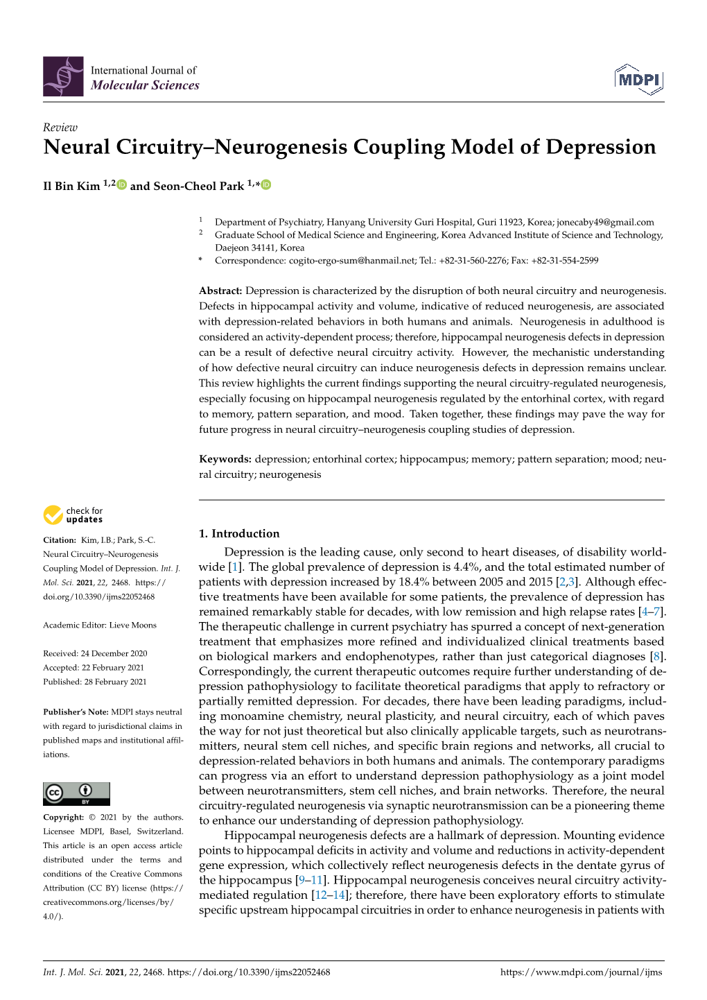 Neural Circuitry–Neurogenesis Coupling Model of Depression