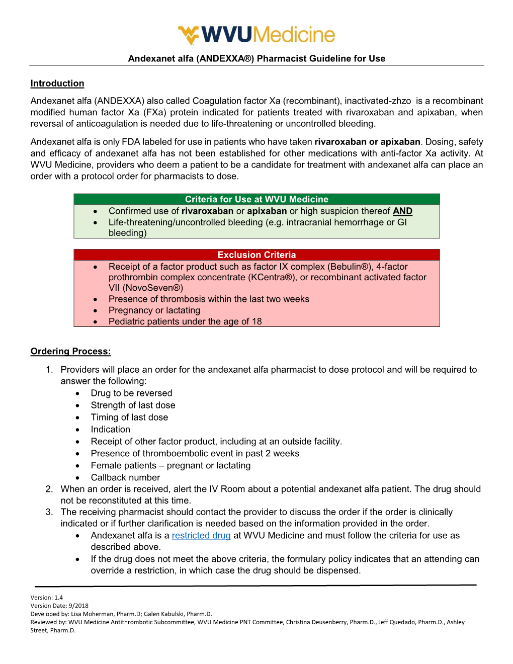 Andexanet Alfa (ANDEXXA®) Pharmacist Guideline for Use