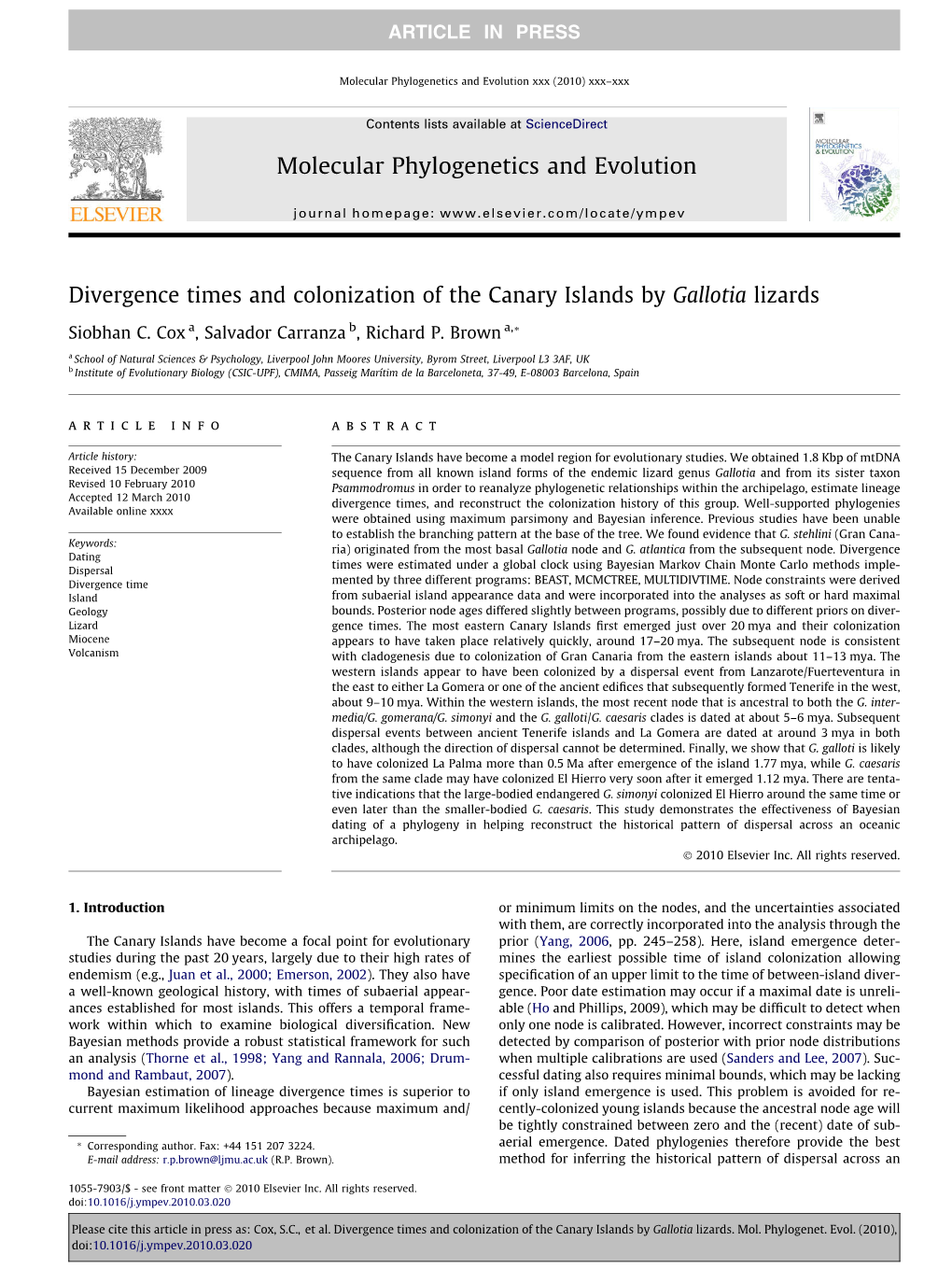 Divergence Times and Colonization of the Canary Islands by Gallotia Lizards