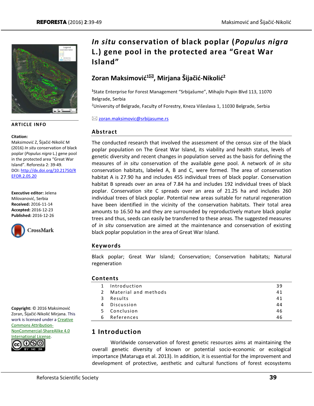 In Situ Conservation of Black Poplar (Populus Nigra L.) Gene Pool in the Protected Area “Great War Island”