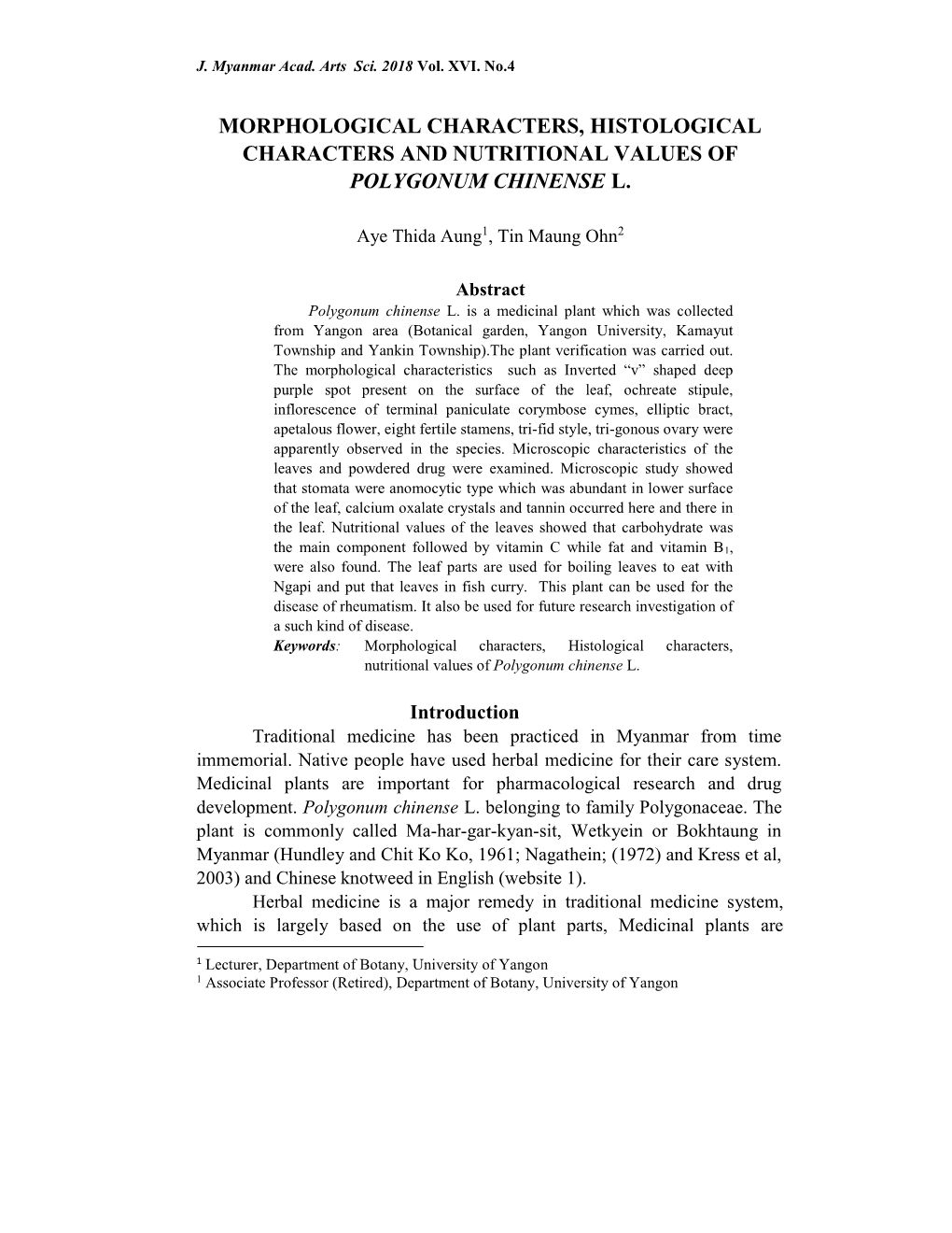 Morphological Characters, Histological Characters and Nutritional Values of Polygonum Chinense L