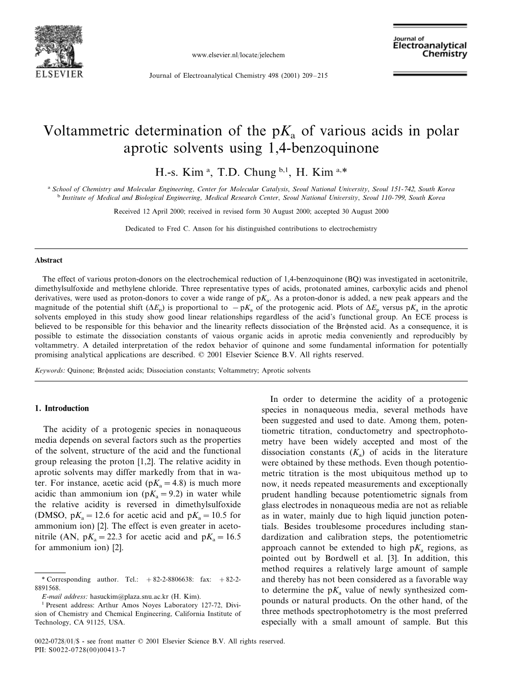 Voltammetric Determination of the Pka of Various Acids in Polar Aprotic Solvents Using 1,4-Benzoquinone