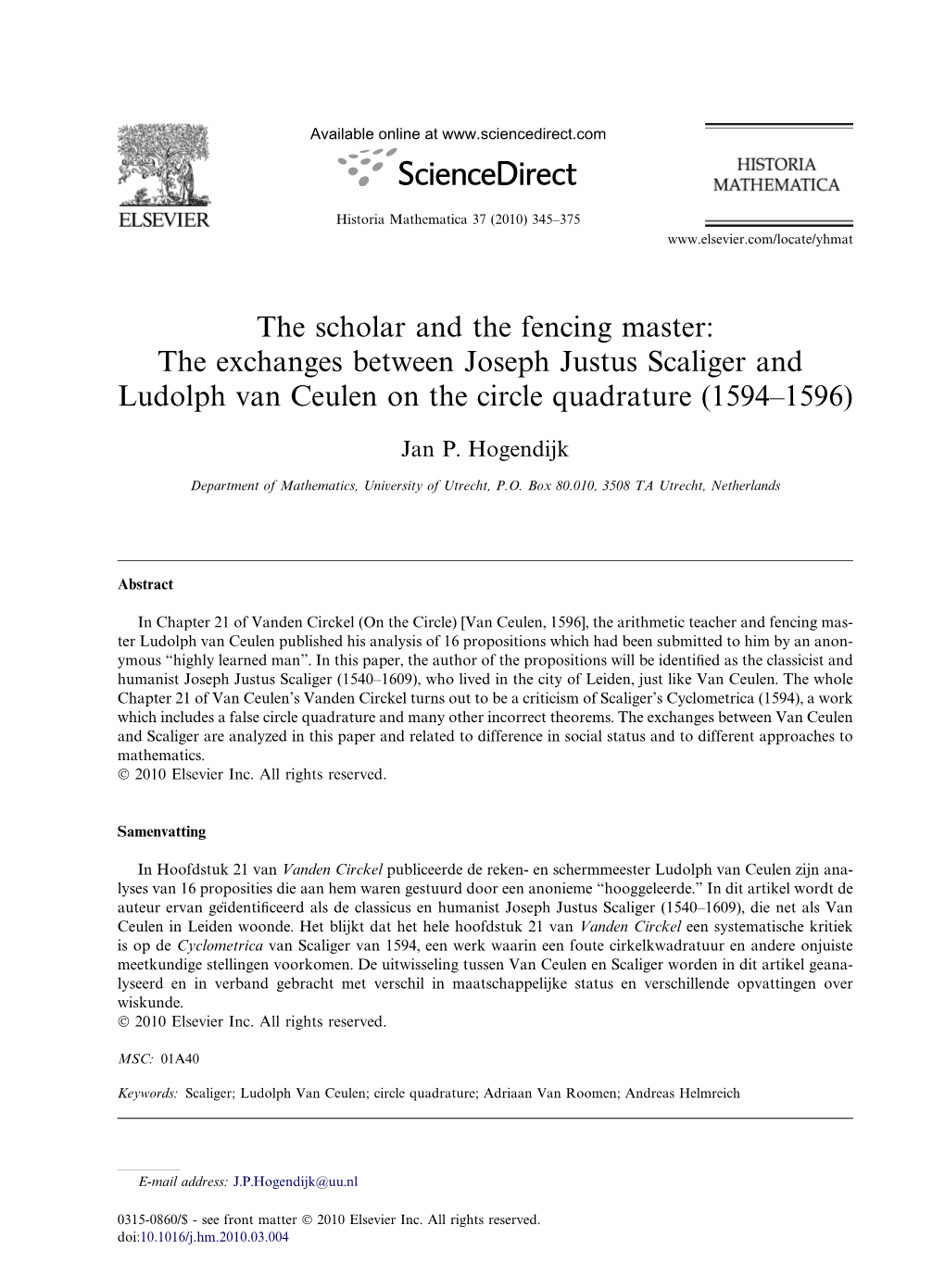 The Exchanges Between Joseph Justus Scaliger and Ludolph Van Ceulen on the Circle Quadrature (1594–1596)