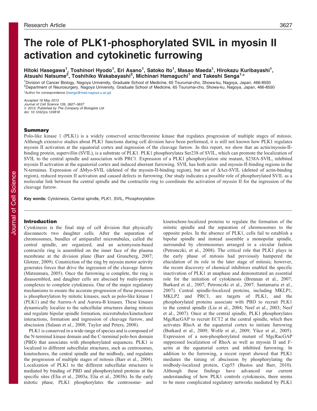 The Role of PLK1-Phosphorylated SVIL in Myosin II Activation and Cytokinetic Furrowing