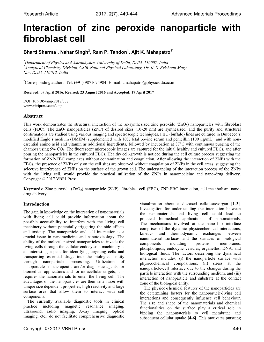 Interaction of Zinc Peroxide Nanoparticle with Fibrobalast Cell