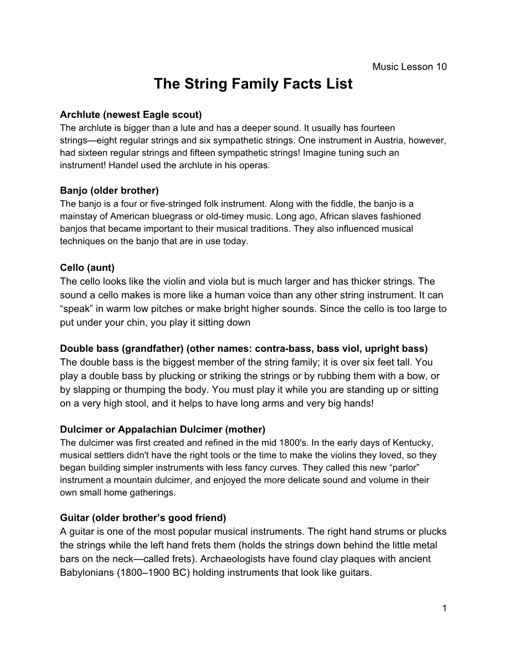 The String Family Facts List