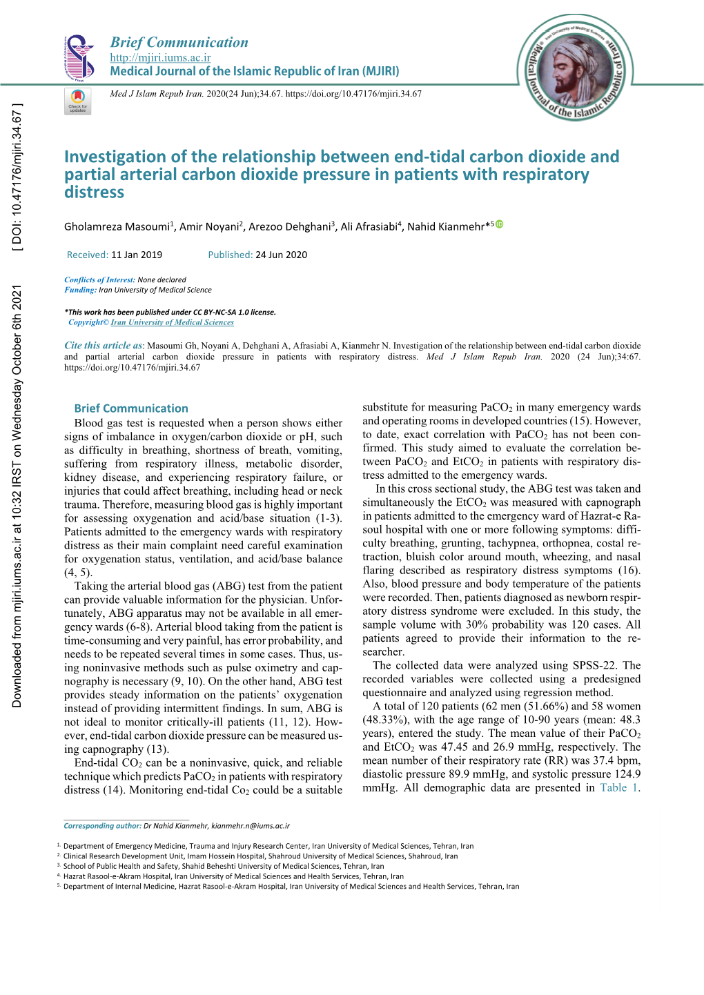 Investigation of the Relationship Between End-Tidal Carbon Dioxide and Partial Arterial Carbon Dioxide Pressure in Patients with Respiratory Distress