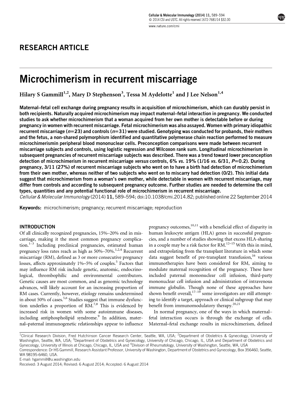 Microchimerism in Recurrent Miscarriage