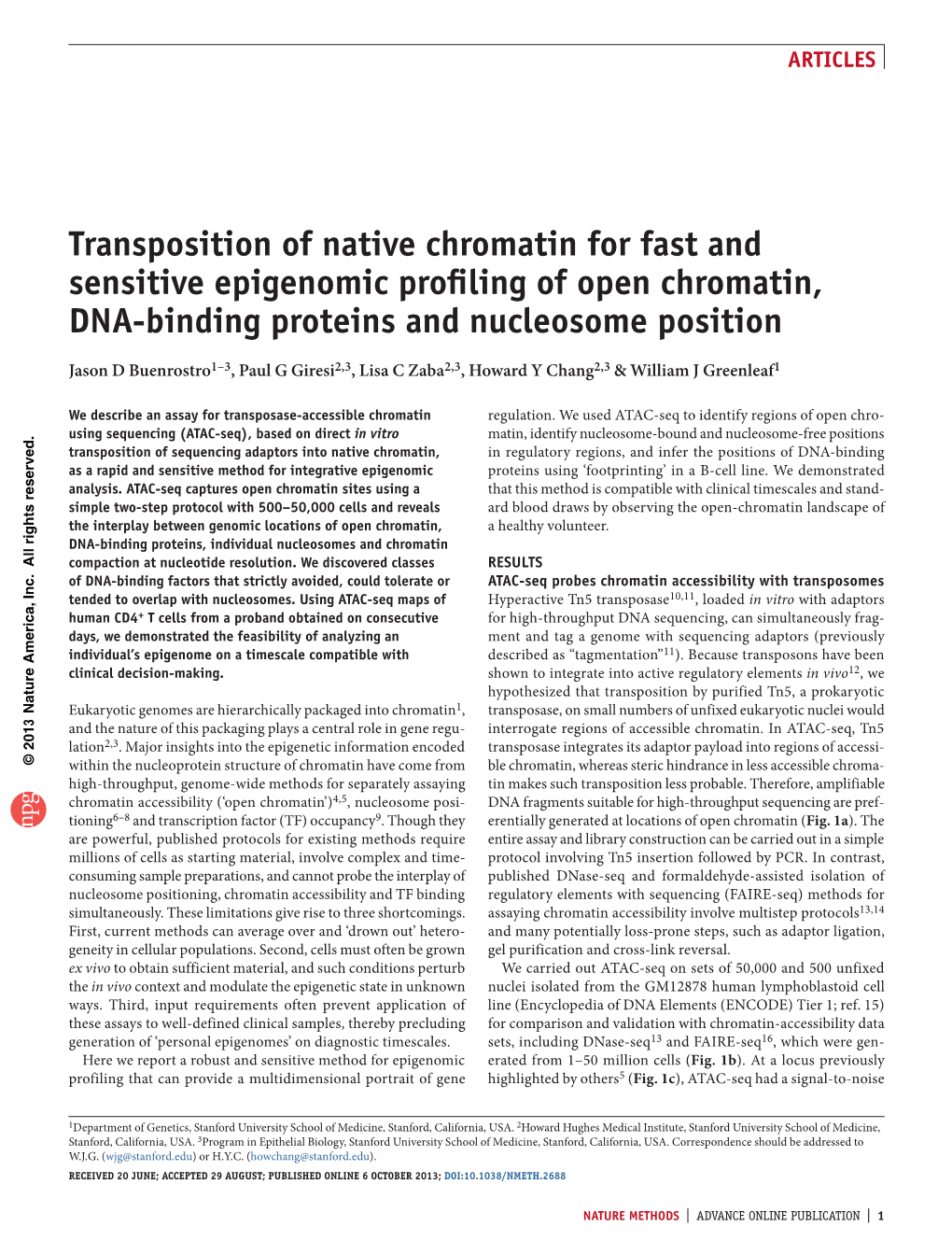 Transposition of Native Chromatin for Fast and Sensitive Epigenomic Profiling of Open Chromatin, DNA-Binding Proteins and Nucleo