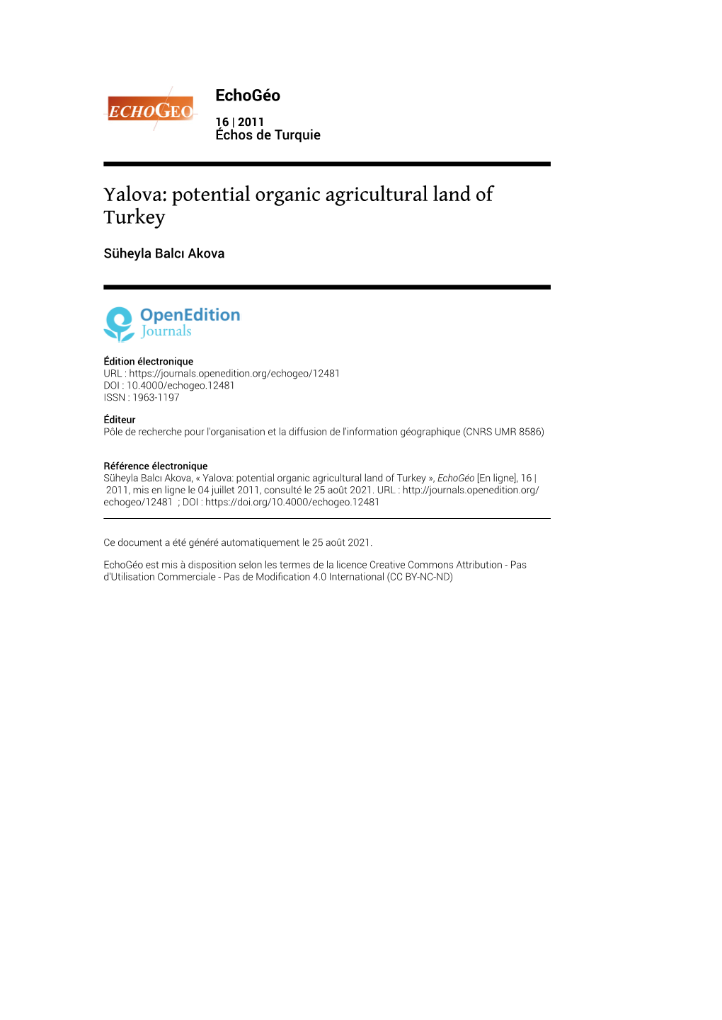 Echogéo, 16 | 2011 Yalova: Potential Organic Agricultural Land of Turkey 2