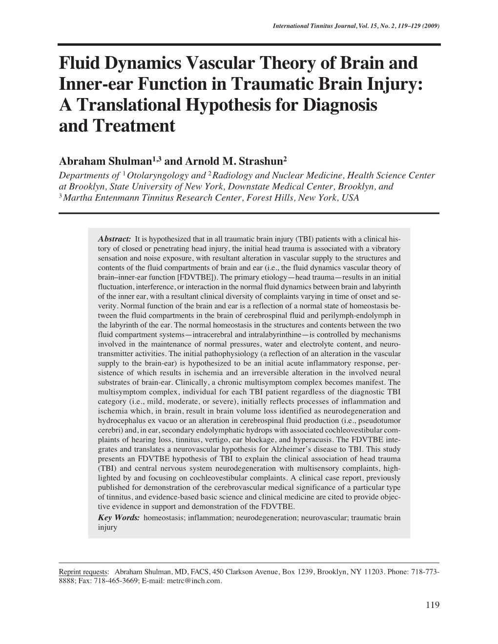 Fluid Dynamics Vascular Theory of Brain and Inner-Ear Function in Traumatic Brain Injury: a Translational Hypothesis for Diagnosis and Treatment