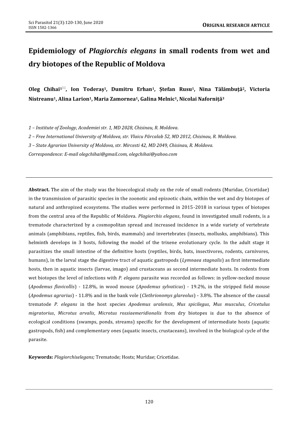 Epidemiology of Plagiorchis Elegans in Small Rodents from Wet and Dry Biotopes of the Republic of Moldova