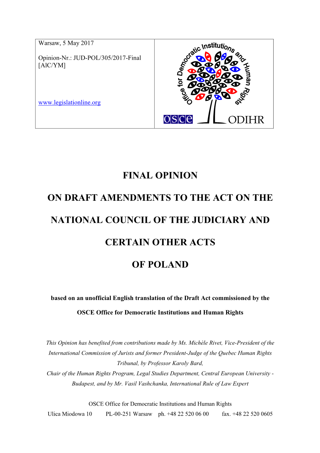 Final Opinion on Draft Amendments to the Act on the National Council of the Judiciary and Certain Other Acts of Poland