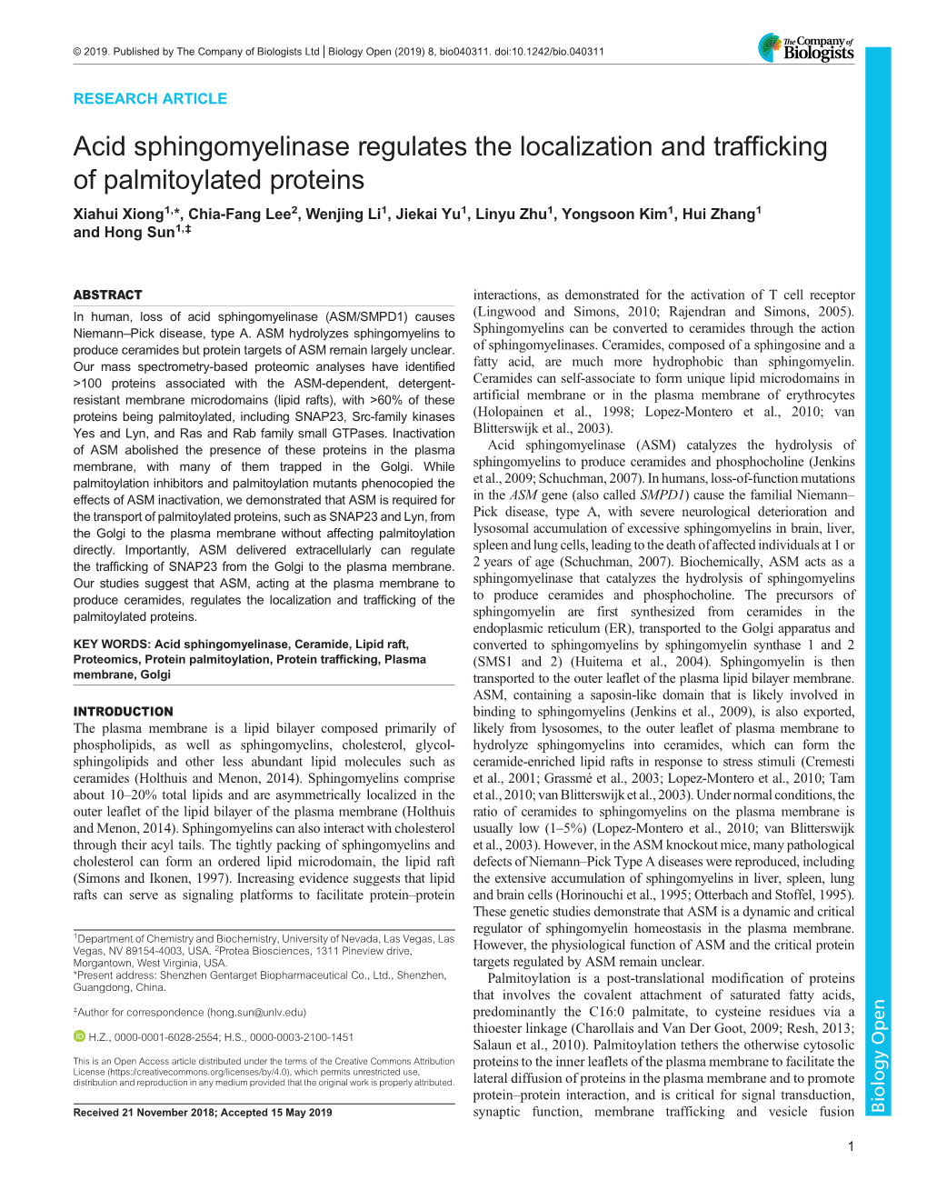 Acid Sphingomyelinase Regulates the Localization and Trafficking Of