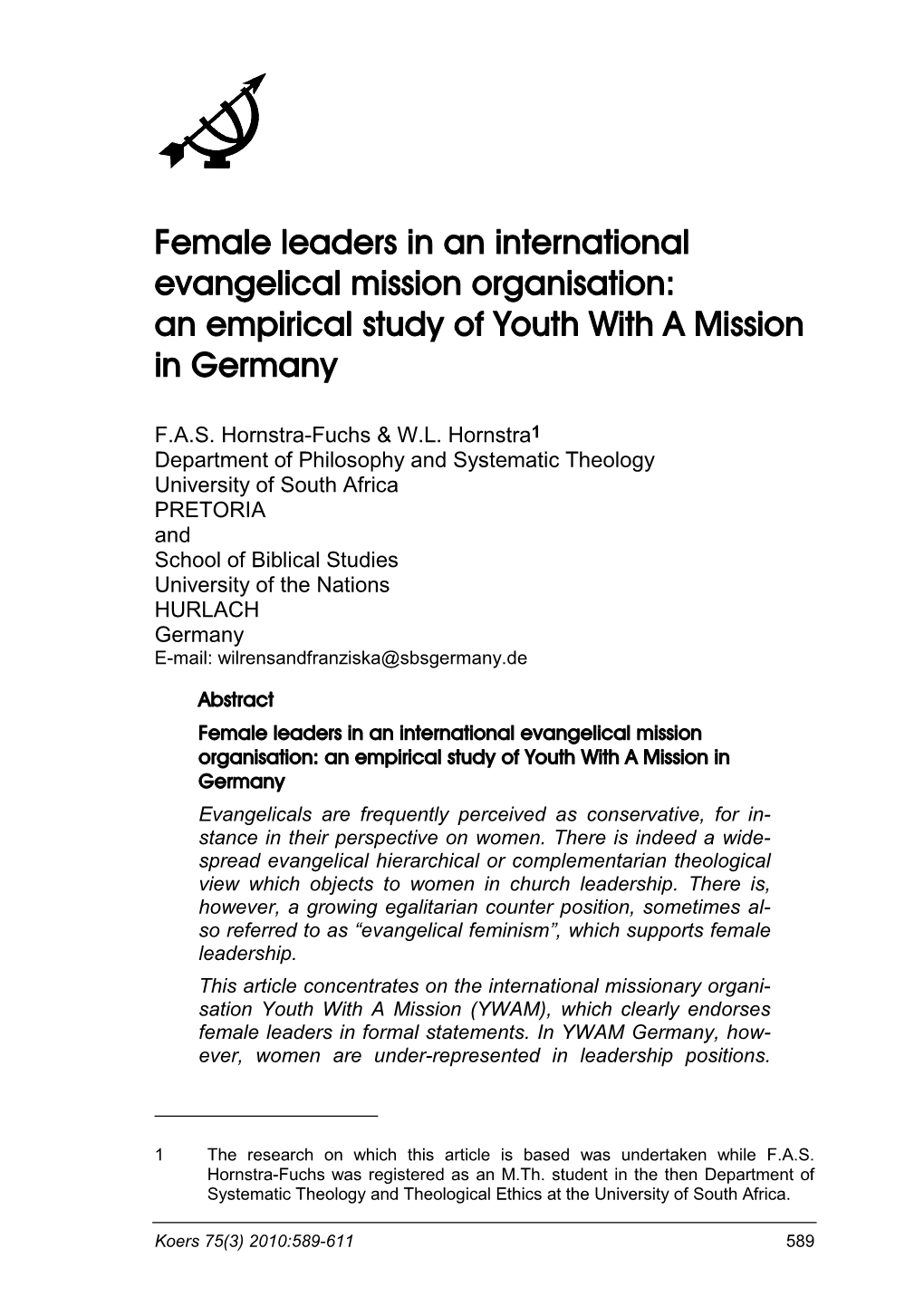 Female Leaders in an International Evangelical Mission Organisation: an Empirical Study of Youth with a Mission in Germany