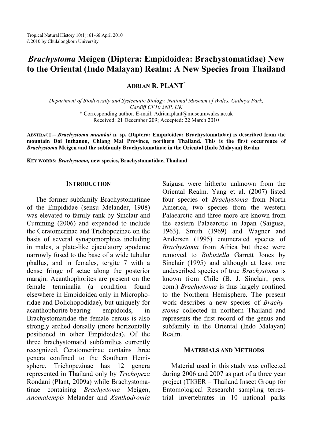 Brachystoma Meigen (Diptera: Empidoidea: Brachystomatidae) New to the Oriental (Indo Malayan) Realm: a New Species from Thailand