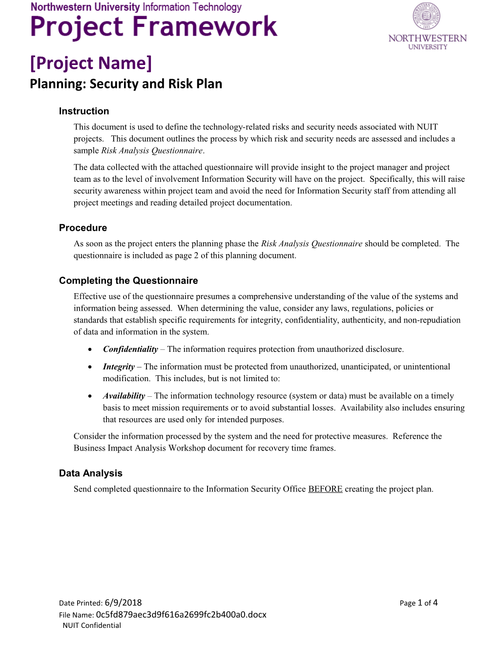 This Document Is Used to Define the Technology-Related Risks and Security Needs Associated