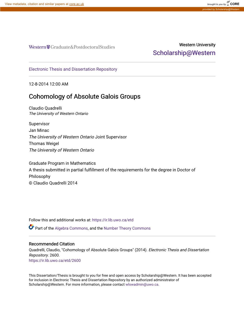 Cohomology of Absolute Galois Groups