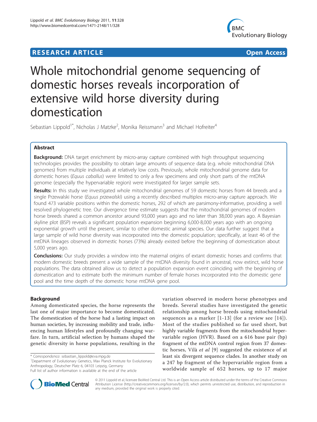Whole Mitochondrial Genome Sequencing of Domestic Horses
