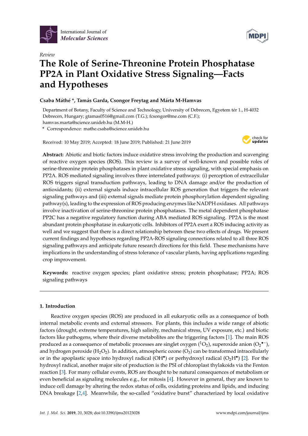 The Role of Serine-Threonine Protein Phosphatase PP2A in Plant Oxidative Stress Signaling—Facts and Hypotheses