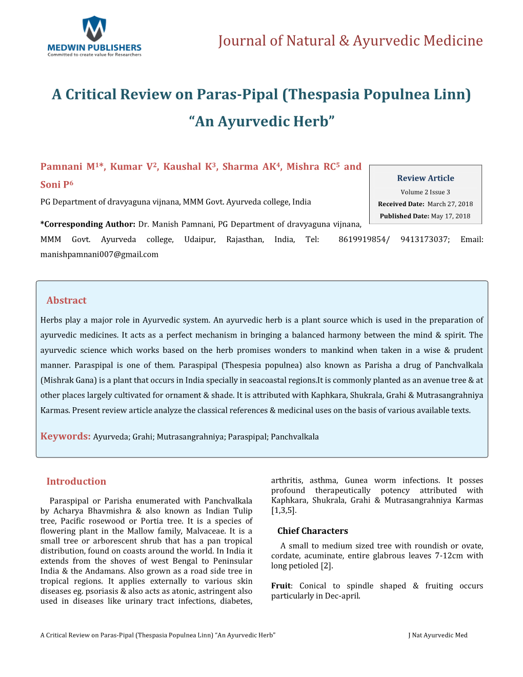 A Critical Review on Paras-Pipal (Thespasia Populnea Linn) “An Ayurvedic Herb”