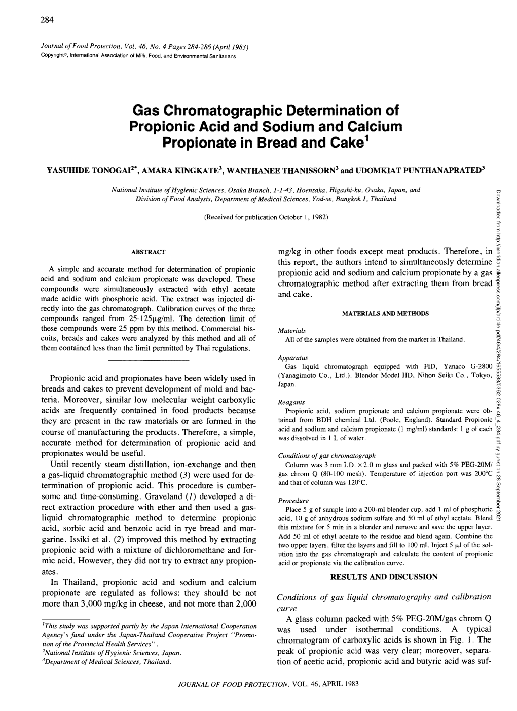 Gas Chromatographic Determination of Propionic Acid and Sodium and Calcium Propionate in Bread and Cake 1