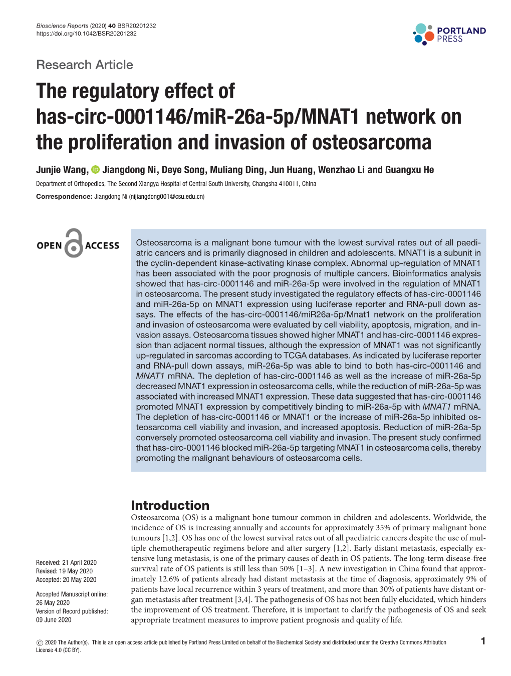 The Regulatory Effect of Has-Circ-0001146/Mir-26A-5P/MNAT1 Network on the Proliferation and Invasion of Osteosarcoma
