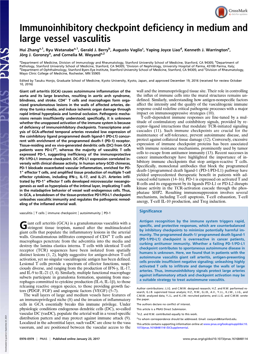 Immunoinhibitory Checkpoint Deficiency in Medium and Large Vessel Vasculitis