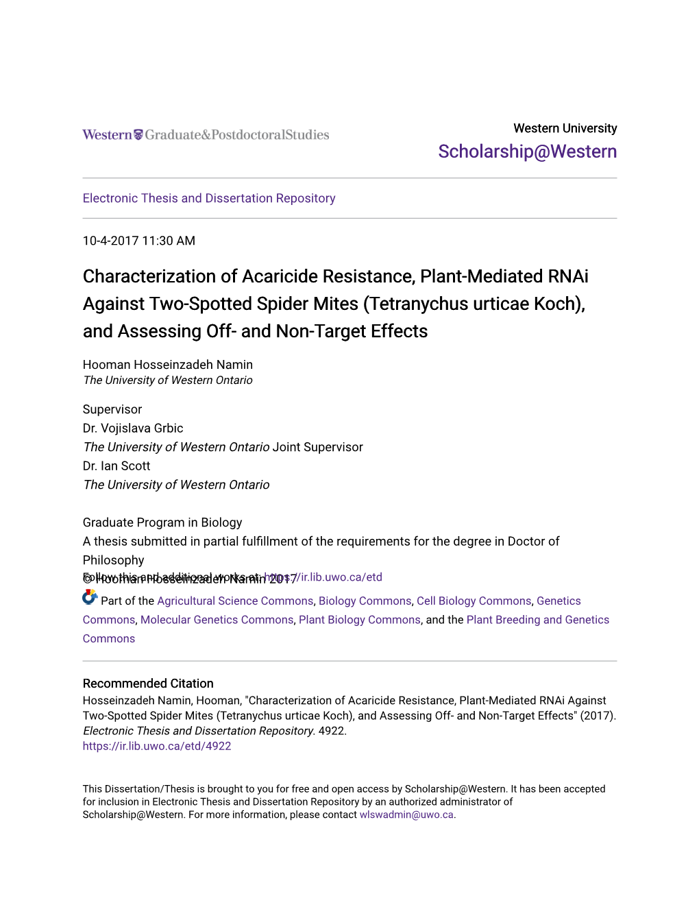 Characterization of Acaricide Resistance, Plant-Mediated Rnai Against Two-Spotted Spider Mites (Tetranychus Urticae Koch), and Assessing Off- and Non-Target Effects