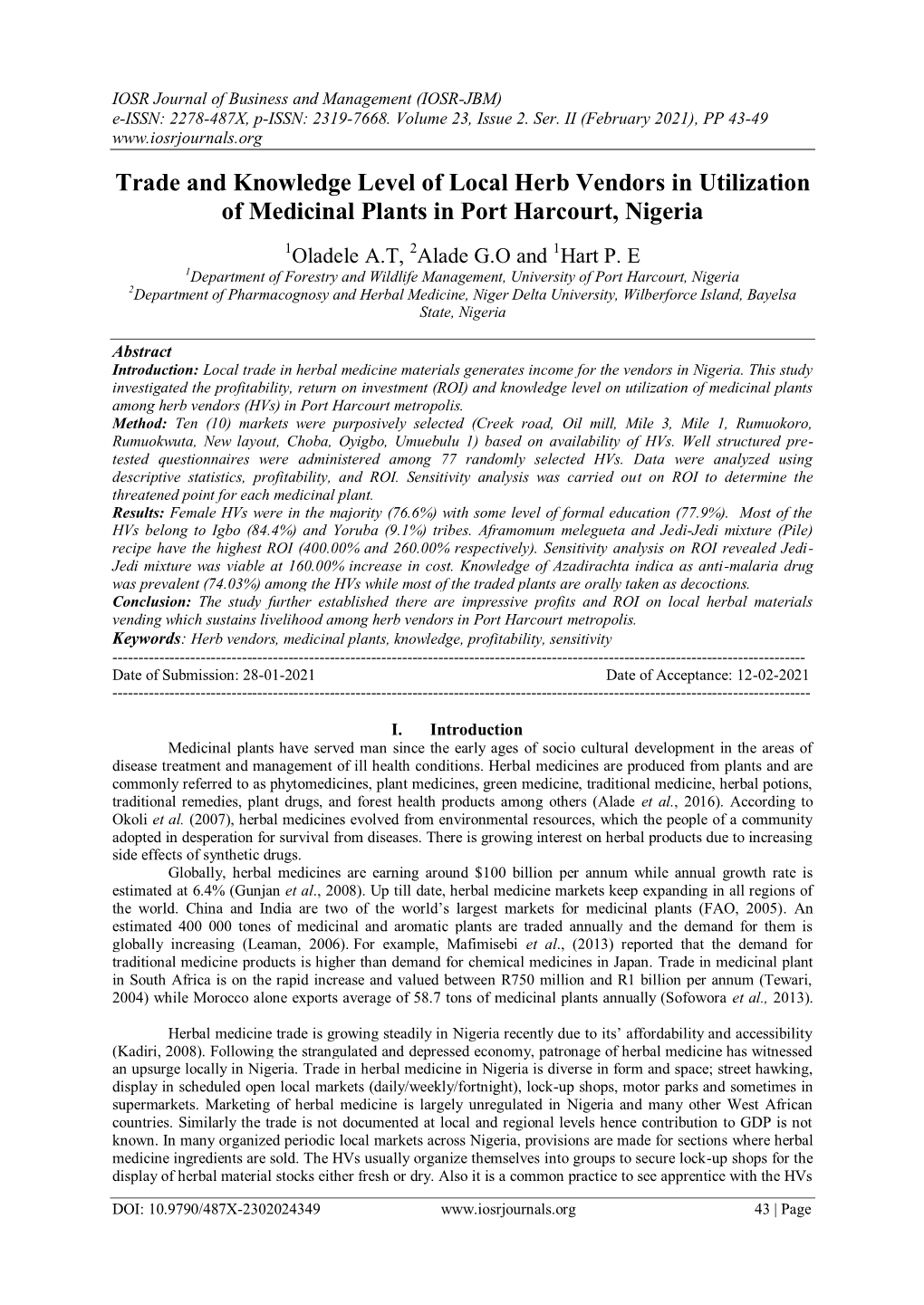 Trade and Knowledge Level of Local Herb Vendors in Utilization of Medicinal Plants in Port Harcourt, Nigeria