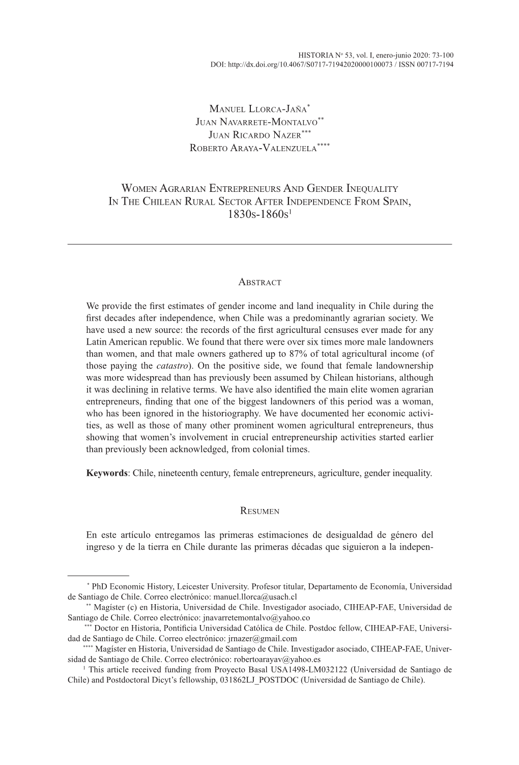 Women Agrarian Entrepreneurs and Gender Inequality in the Chilean Rural Sector After Independence from Spain, 1830S-1860S1