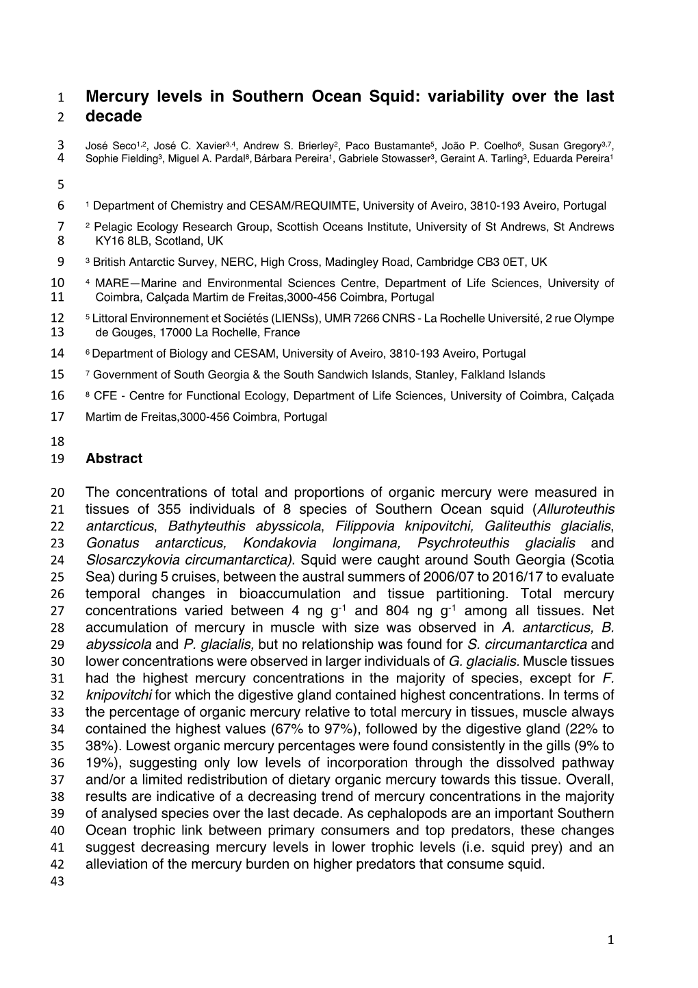 Mercury Levels in Southern Ocean Squid: Variability Over the Last 2 Decade