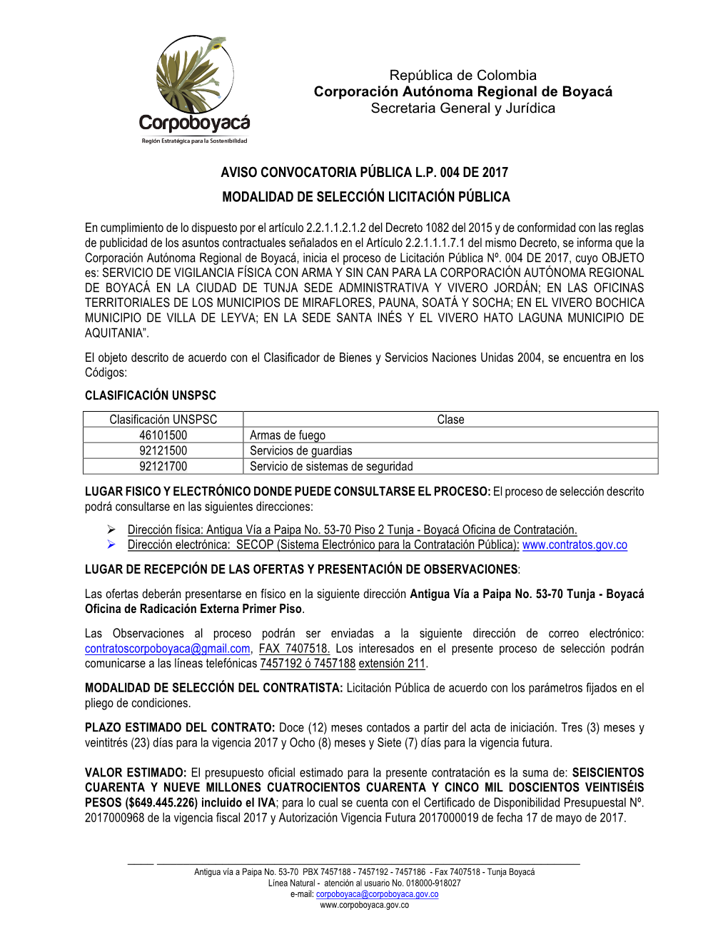 República De Colombia Corporación Autónoma Regional De Boyacá Secretaria General Y Jurídica