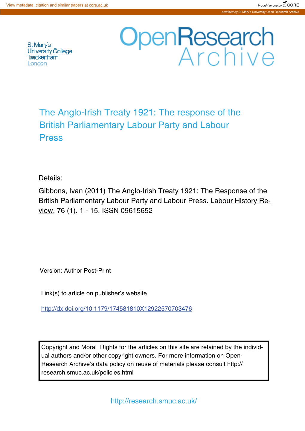 The Anglo-Irish Treaty 1921: the Response of the British Parliamentary Labour Party and Labour Press