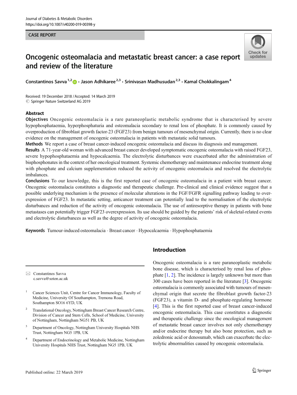 Oncogenic Osteomalacia and Metastatic Breast Cancer: a Case Report and Review of the Literature