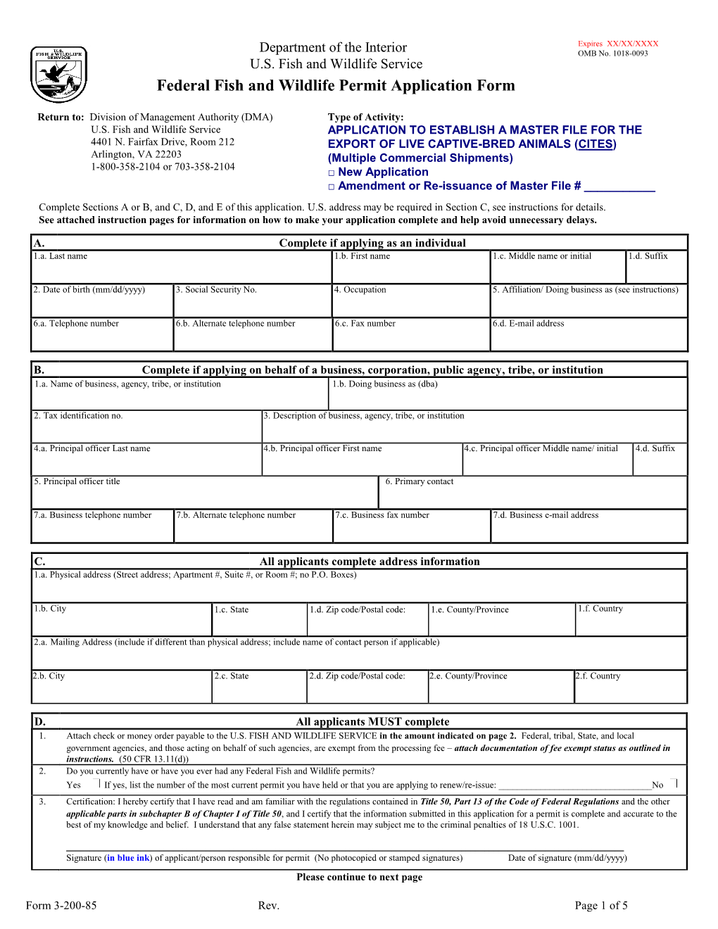 Federal Fish and Wildlife Permit Application Form