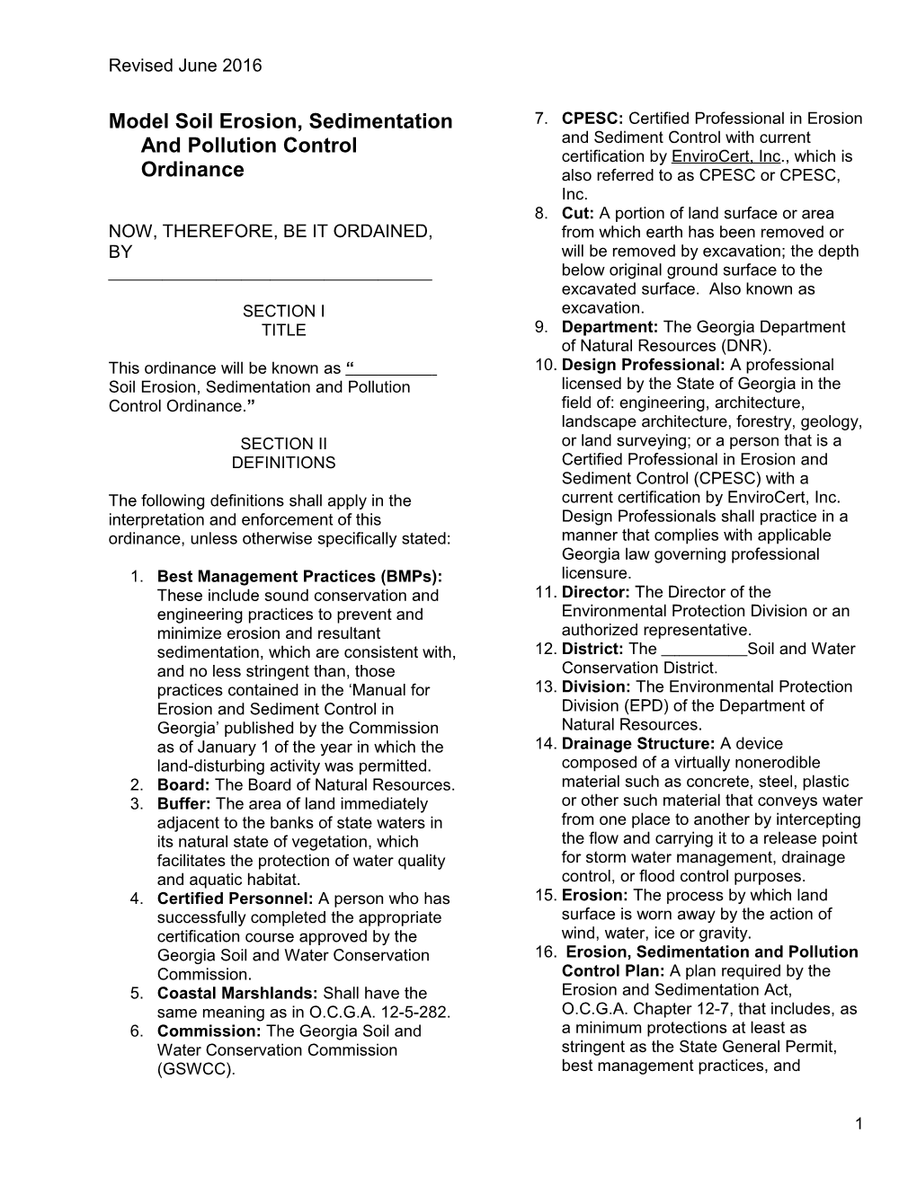 Model Soil Erosion, Sedimentation And Pollution Control Ordinance