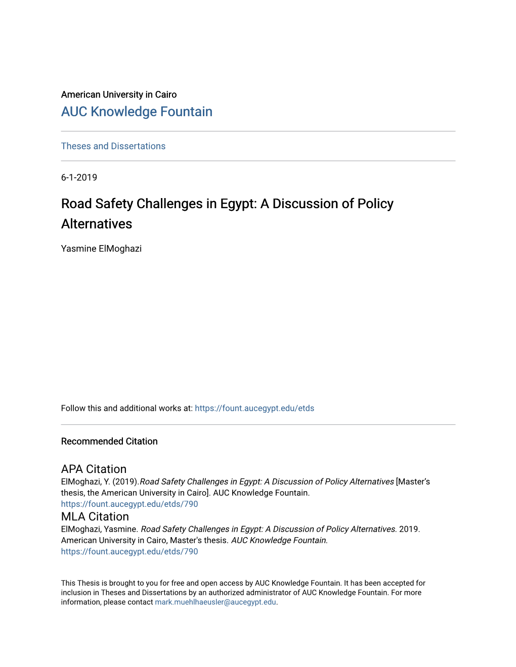 Road Safety Challenges in Egypt: a Discussion of Policy Alternatives