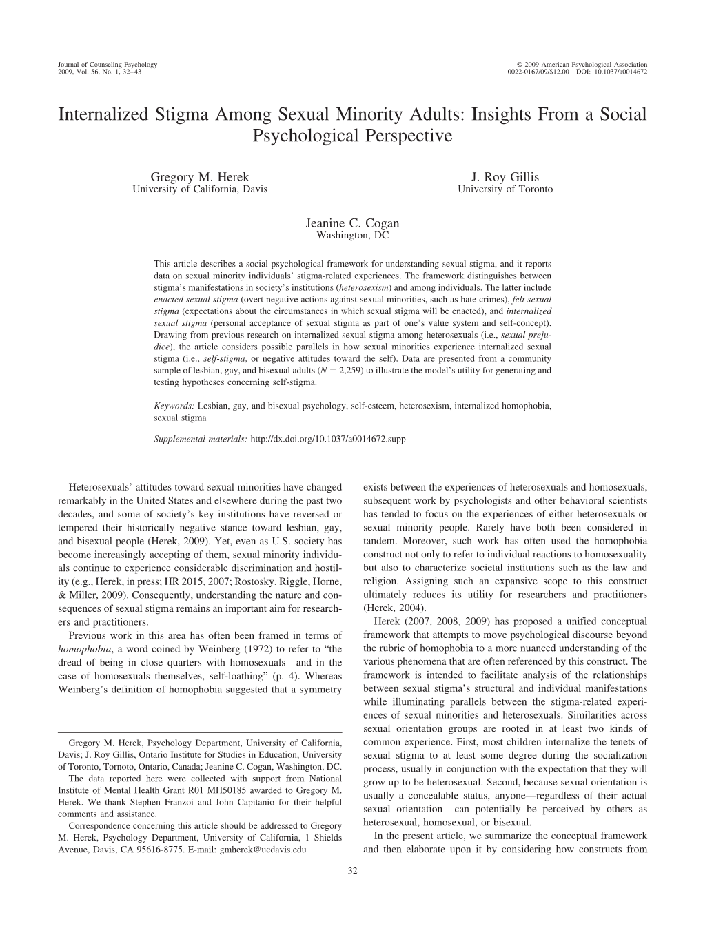 Internalized Stigma Among Sexual Minority Adults: Insights from a Social Psychological Perspective